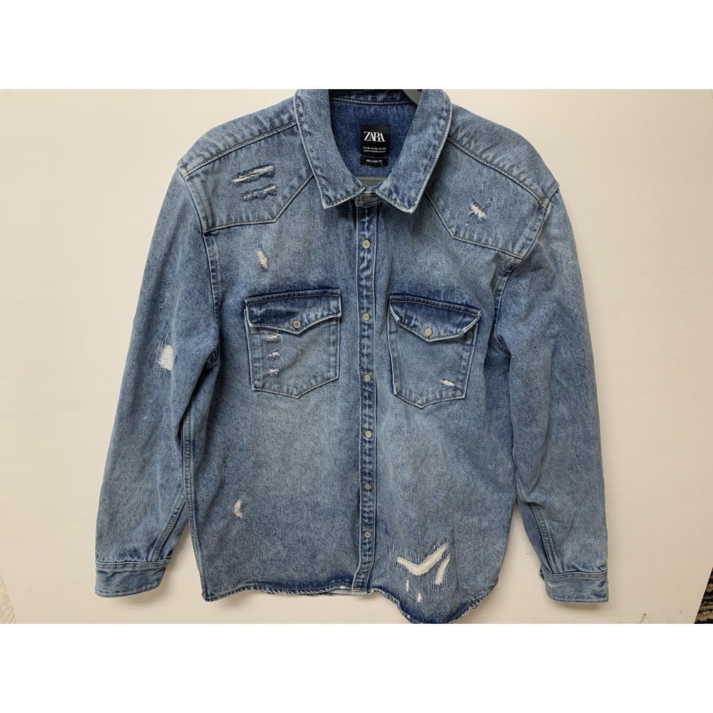 Zara Denim Shacket Mens XL Blue Metal Snap Shirt Jacket Distress Relaxed Fit - Picture 2 of 14